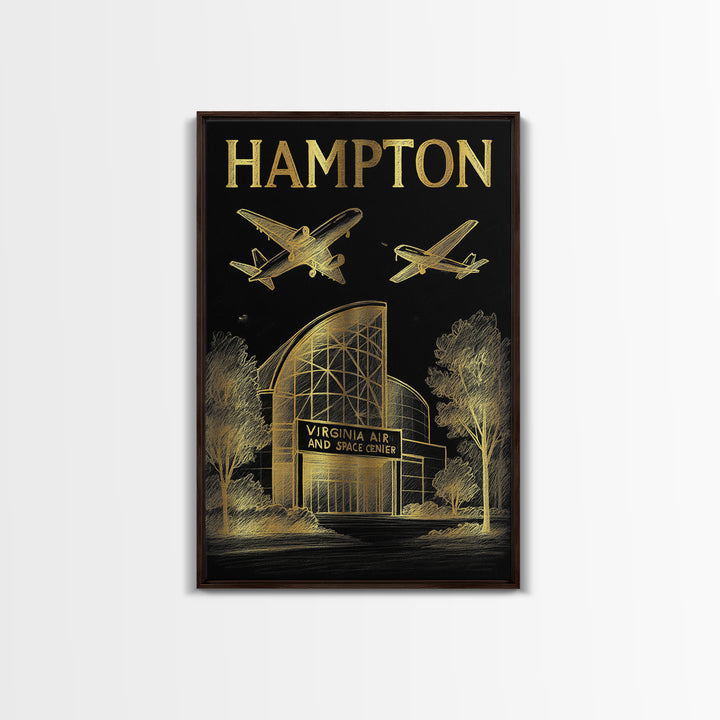 Hampton Virginia Travel Poster, Framed Canvas Print, Black And Gold Line Art, Hampton Art Print, Home Office Decor, Eclectic Wall Decor