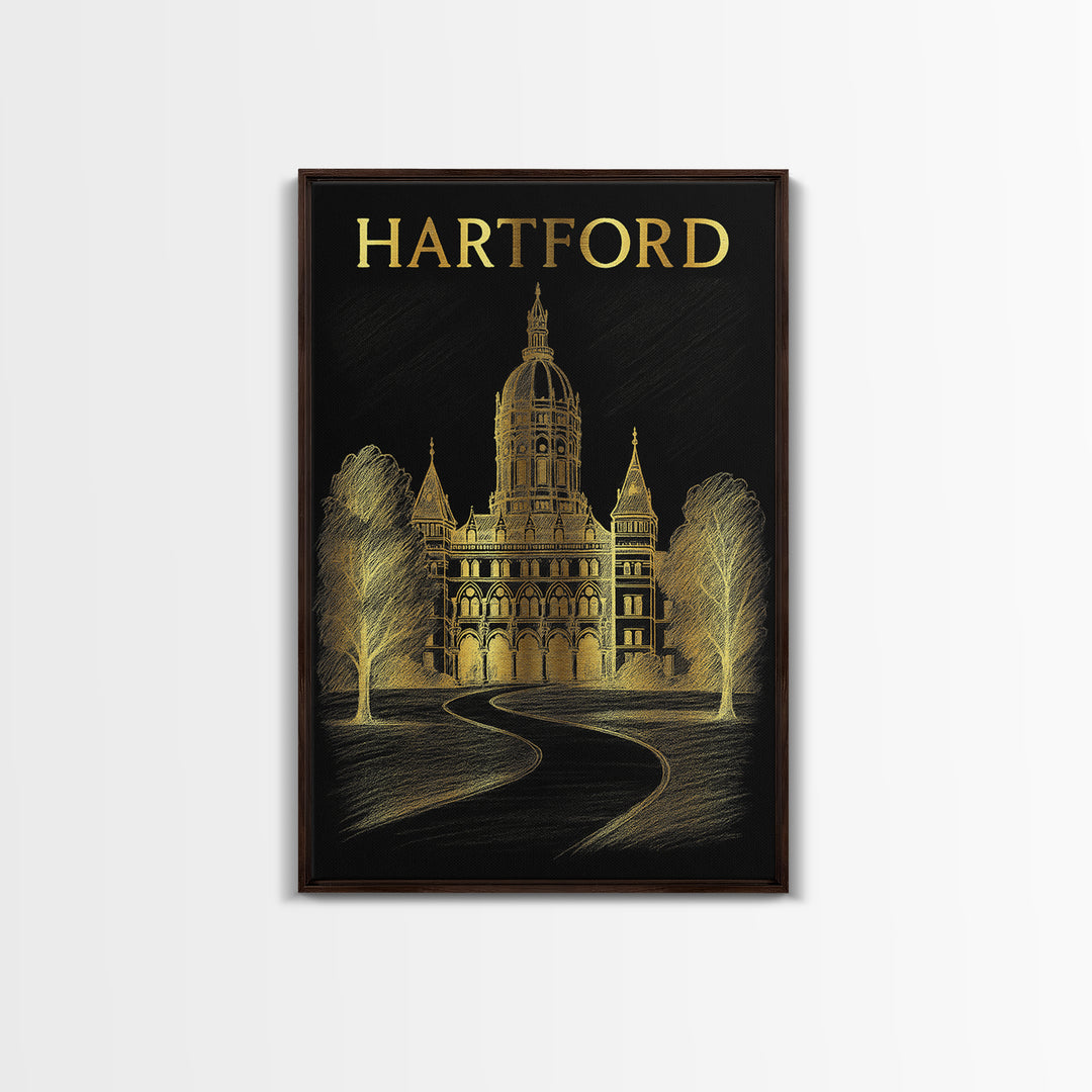 Hartford Connecticut Travel Poster, Canvas Print, Black And Gold Line Art, Hartford Wall Art, Travel Art Print, Travel Wall Art