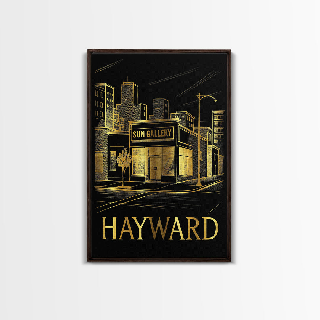Hayward Travel Poster, Framed Canvas Print, Gold Sketch Wall Art, Hayward Travel Art, Travel Poster Set, City Illustration, Vintage Print