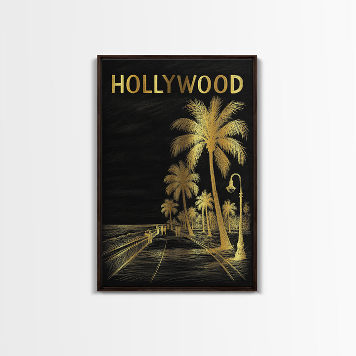 Hollywood Florida Travel Poster, Canvas Print, Dark Background Poster Art, Hollywood Poster Print, Watercolor City Skyline, Travel Print
