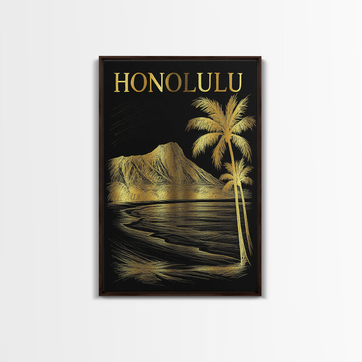 Honolulu Hawaii Travel Poster, Canvas Print, Black And Gold Line Art, Honolulu City Art, Travel Wall Decor, Home Office Decor, Design 1