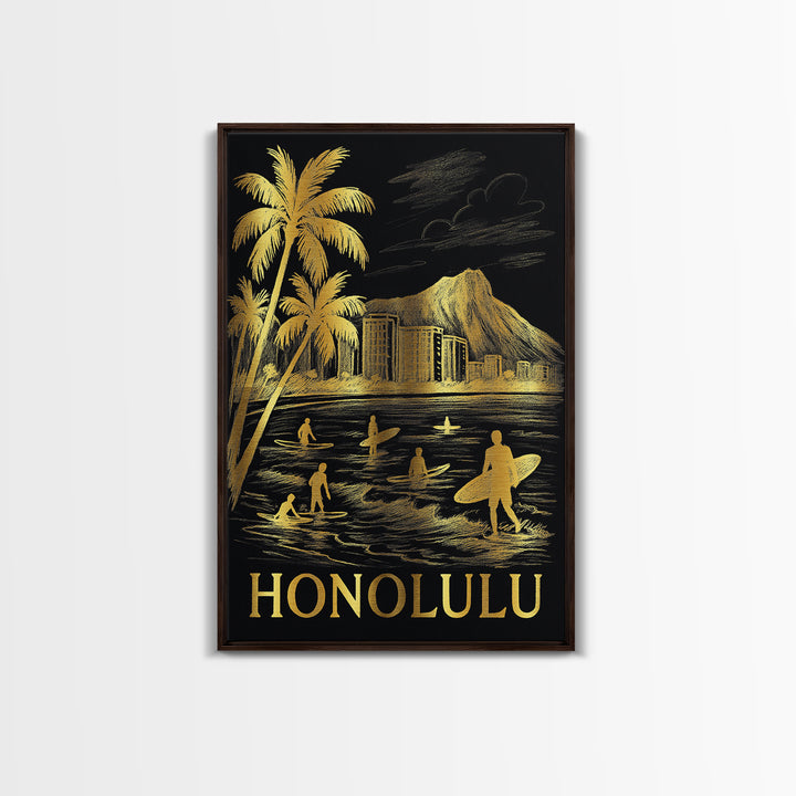 Honolulu Travel Poster, Canvas Print, Black And Gold Line Art, Honolulu Travel Art, Eclectic Wall Decor, Gift For Travelers, Poster Art