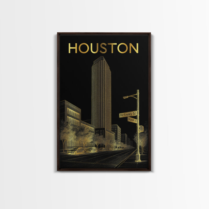 Houston Travel Poster, Canvas Print, Elegant Gold City Art, Houston Poster Print, Gift For Travelers, Travel Wall Art, City Art Print