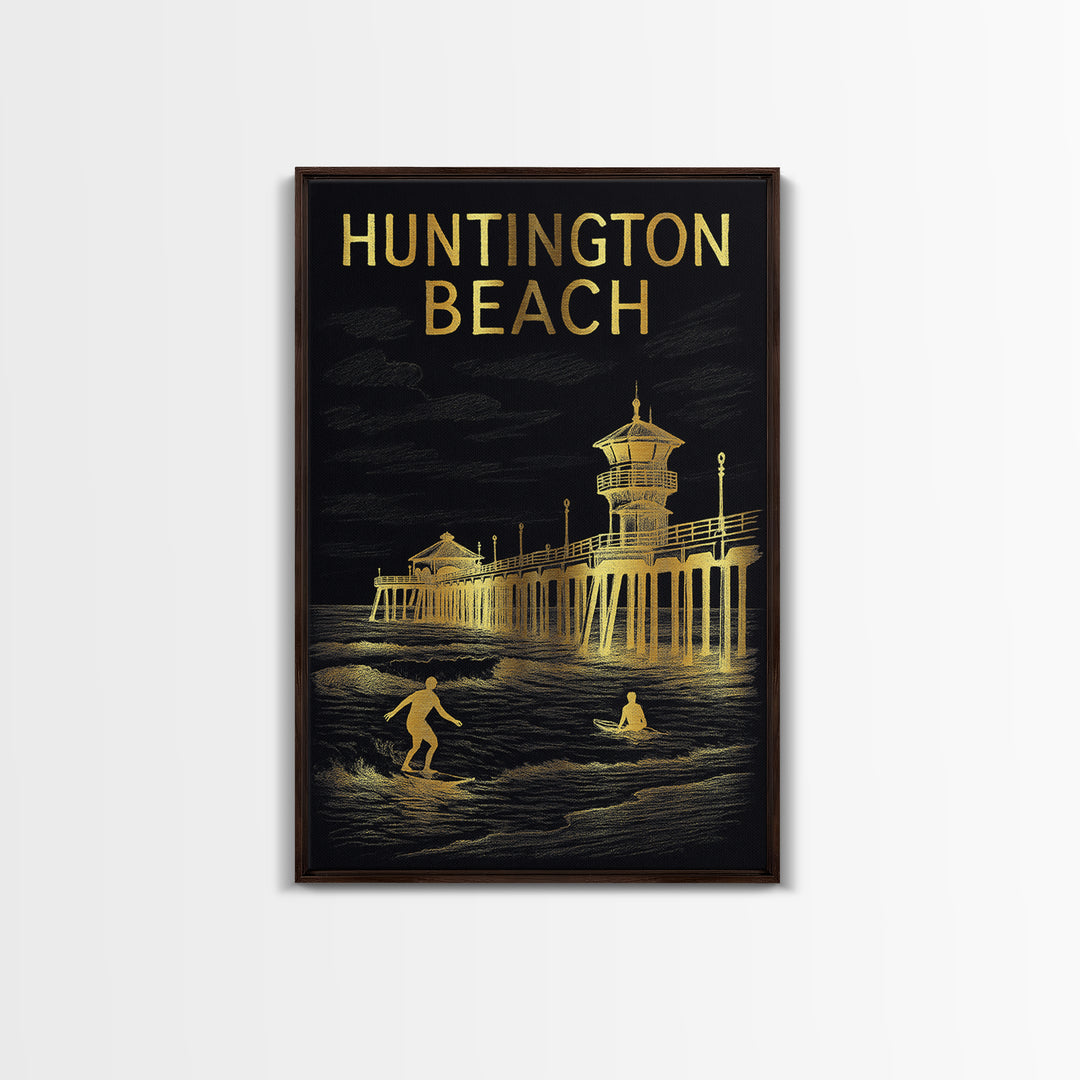 Huntington Beach California Travel Poster, Canvas Print, Black And Gold Line Art, Huntington Beach Travel Art, Travel Art Print