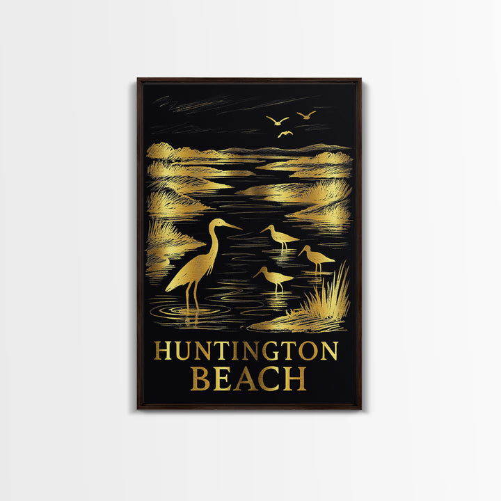 Huntington Beach Travel Poster, Framed Canvas Print, Elegant Gold City Art, Huntington Beach Travel Art, Travel Poster Art, Home Decor