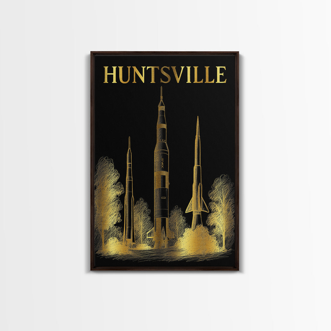 Huntsville Alabama Travel Poster, Canvas Print, Black And Gold Line Art, Huntsville Wall Art, Wall Decor, Mid Century Wall Art, Wall Art