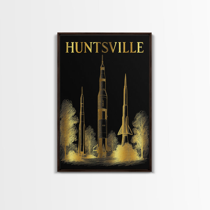 Huntsville Alabama Travel Poster, Canvas Print, Black And Gold Line Art, Huntsville Wall Art, Wall Decor, Mid Century Wall Art, Wall Art