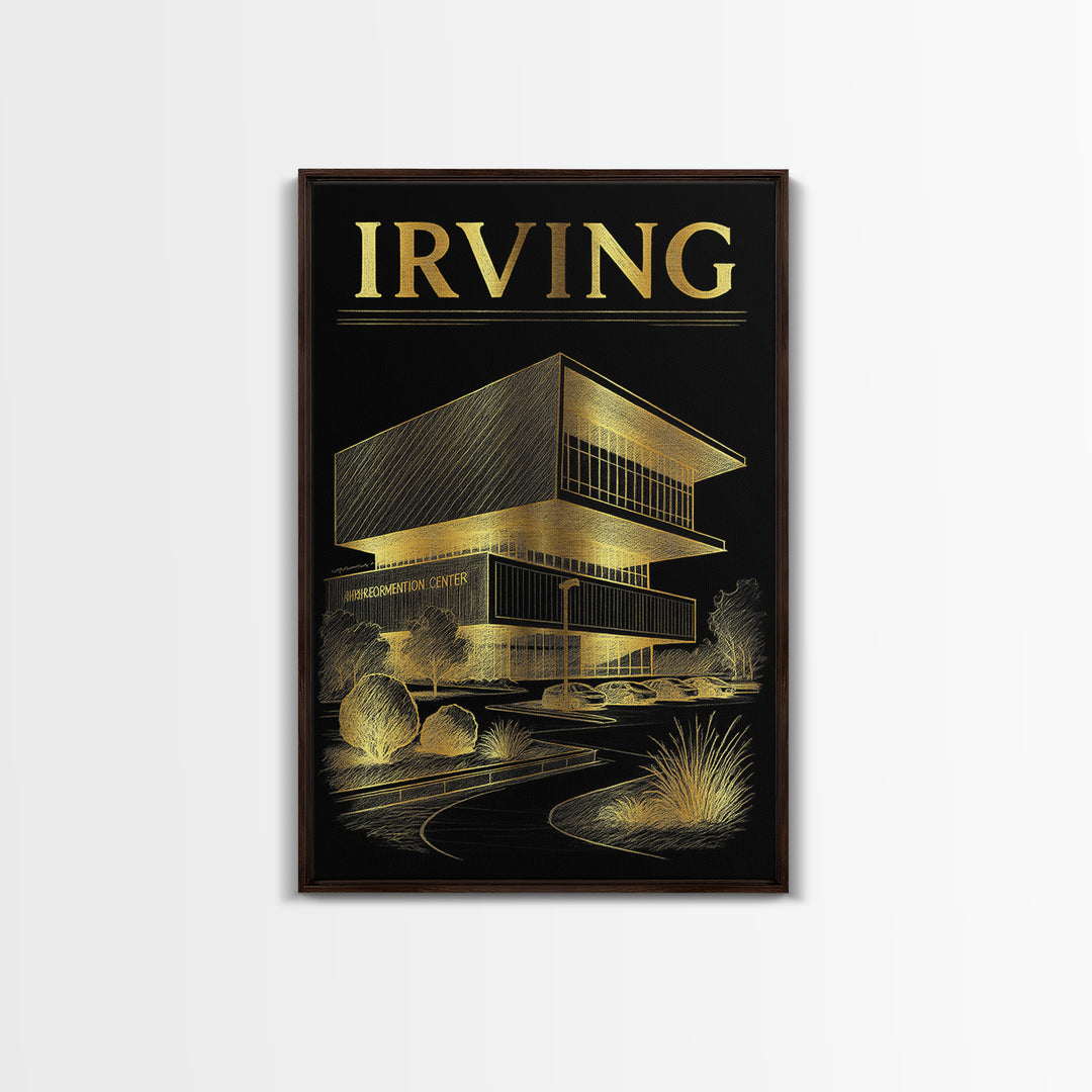 Irving Texas Travel Poster, Canvas Print, Black And Gold Line Art, Irving Print, Wanderlust Decor, Watercolor Skyline, Retro Travel Print