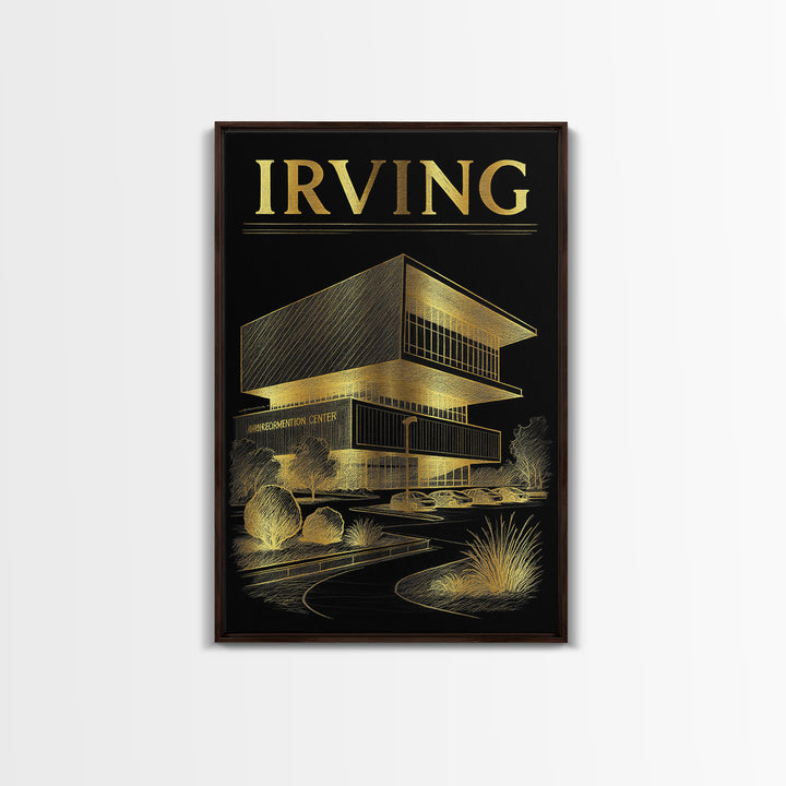Irving Texas Travel Poster, Canvas Print, Black And Gold Line Art, Irving Print, Wanderlust Decor, Watercolor Skyline, Retro Travel Print