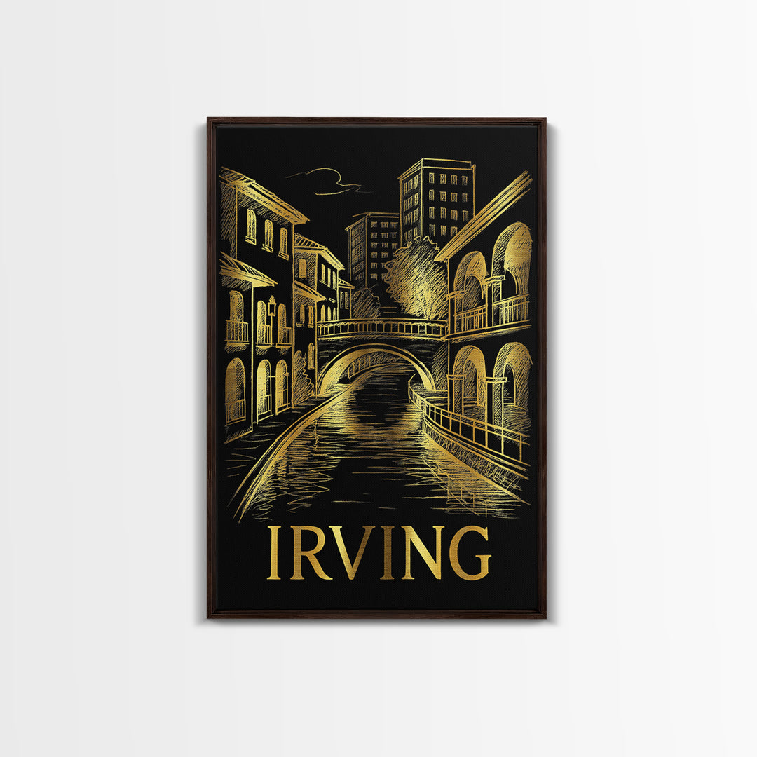 Irving Travel Poster, Framed Canvas Print, Elegant Gold City Art, Irving Poster Print, Vintage City Art, Mid Century Wall Art, Design 2