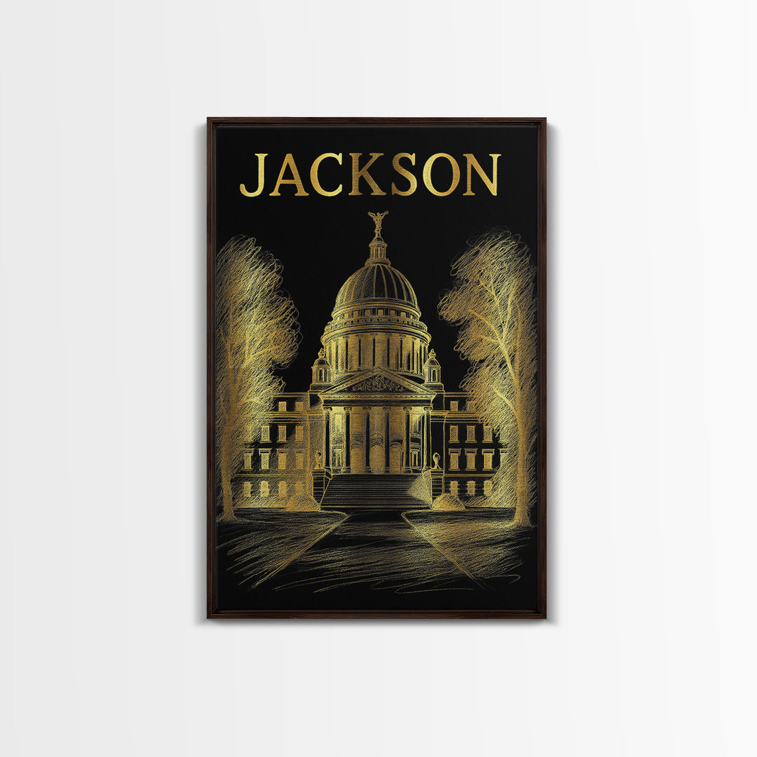 Jackson Mississippi Travel Poster, Canvas Print, Gold Sketch Wall Art, Jackson Wall Art, Travel Print, Fine Art Print, Vintage City Art