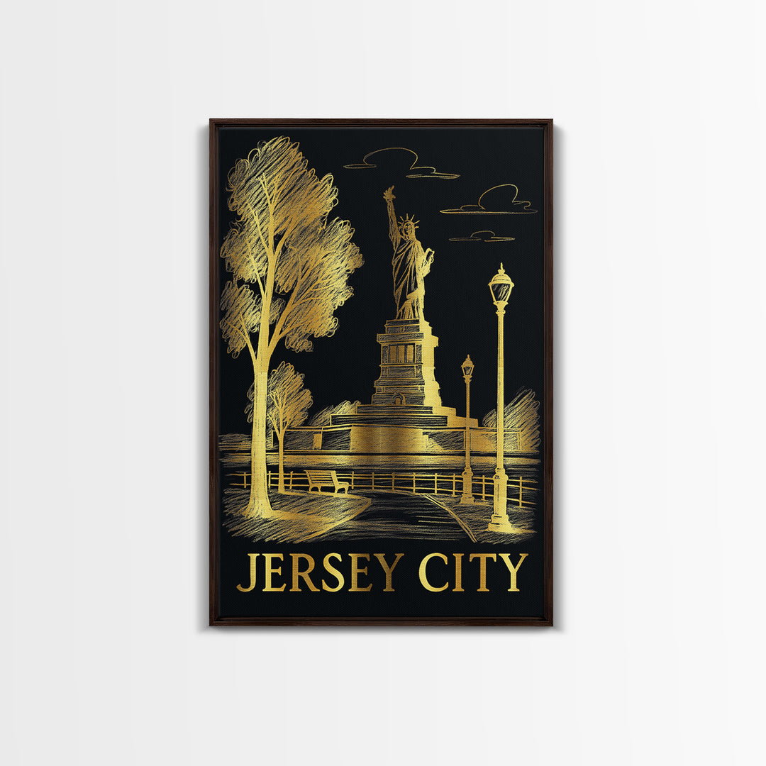 Jersey City Travel Poster, Canvas Print, Black And Gold Line Art, Jersey City Poster Print, Watercolor Urban Skyline, Home Office Decor