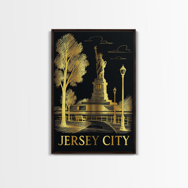 Jersey City Travel Poster, Canvas Print, Black And Gold Line Art, Jersey City Poster Print, Watercolor Urban Skyline, Home Office Decor