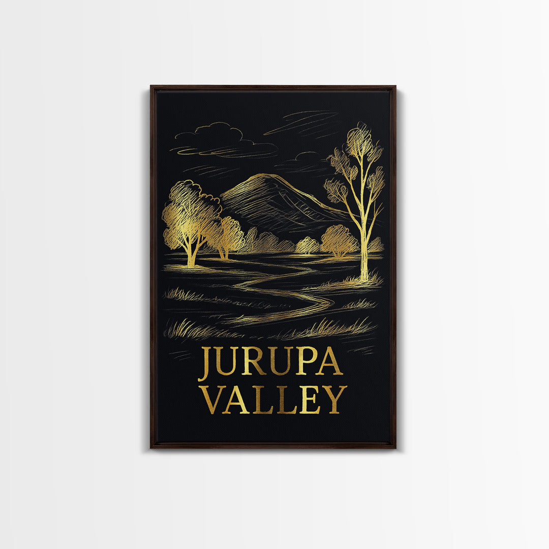 Jurupa Valley Travel Poster, Framed Canvas Print, Elegant Gold City Art, Jurupa Valley Art Print, Watercolor Skyline, Home Office Decor