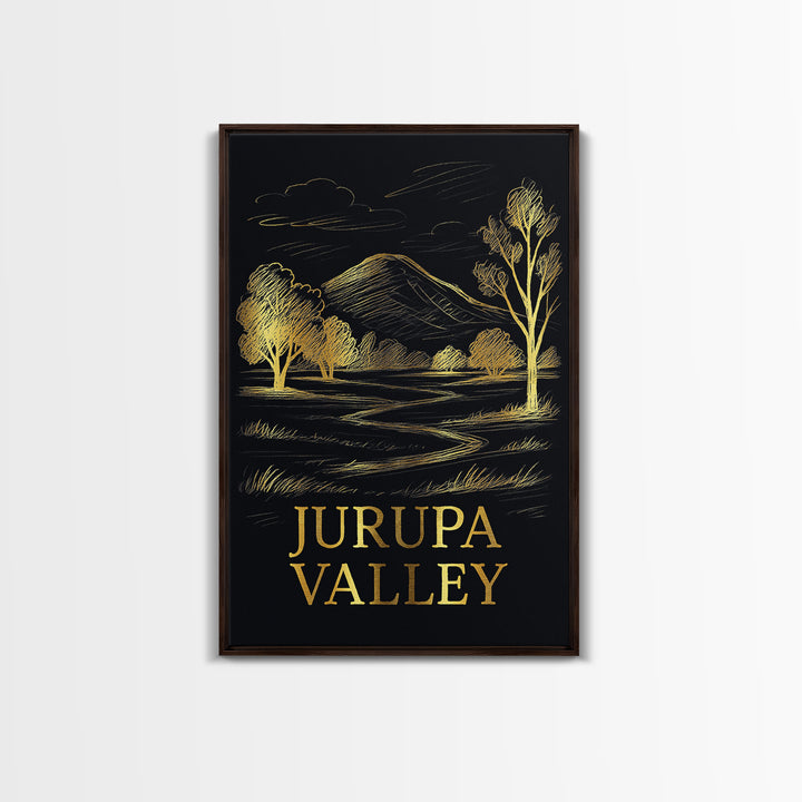 Jurupa Valley Travel Poster, Framed Canvas Print, Elegant Gold City Art, Jurupa Valley Art Print, Watercolor Skyline, Home Office Decor