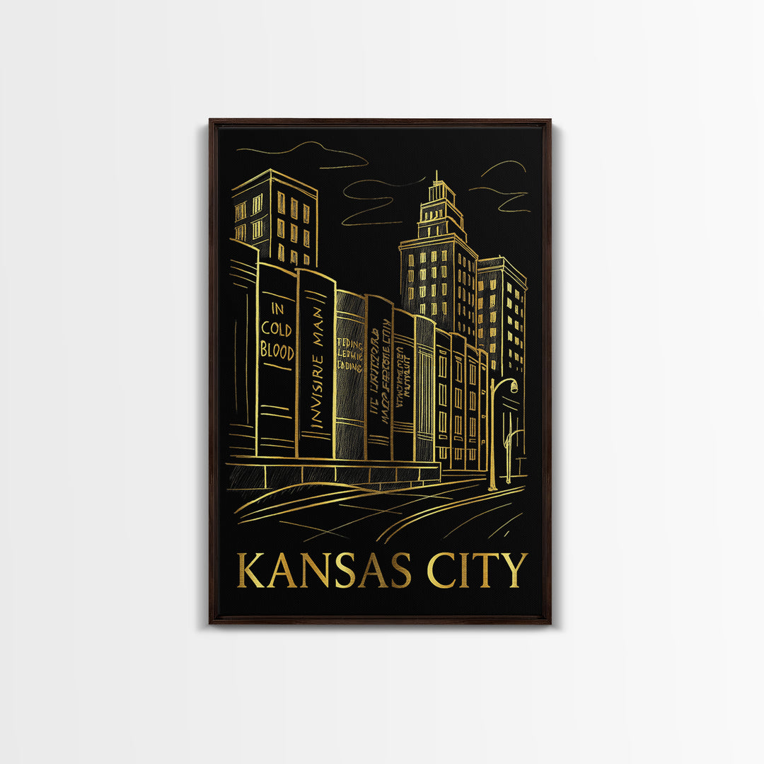 Kansas City Travel Poster, Framed Canvas Print, Black And Gold Line Art, Kansas City City Art, Living Room Wall Art, Gift For Travelers