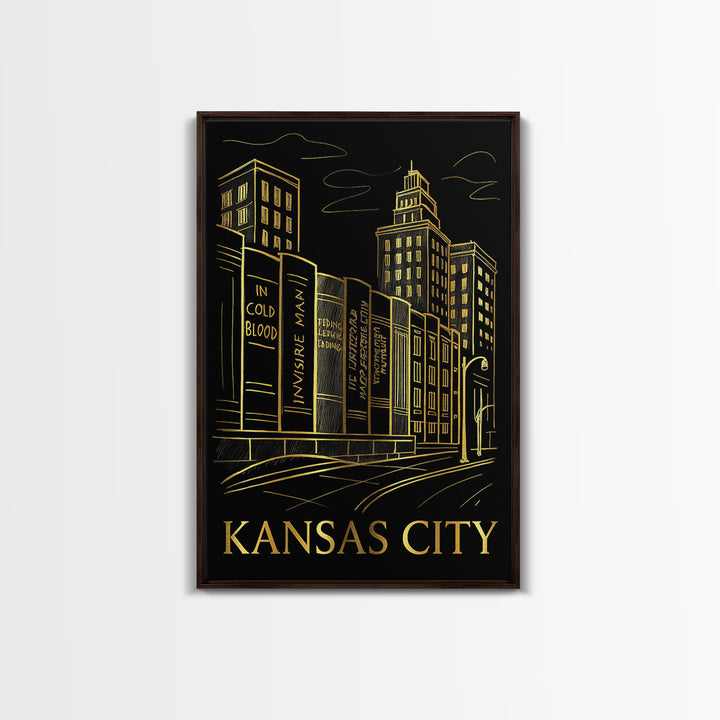 Kansas City Travel Poster, Framed Canvas Print, Black And Gold Line Art, Kansas City City Art, Living Room Wall Art, Gift For Travelers