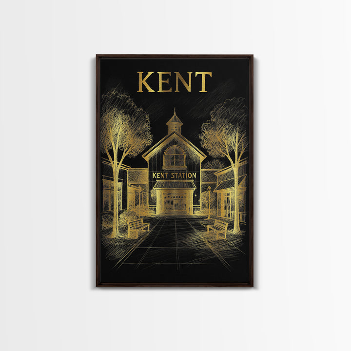 Kent Washington Travel Poster, Canvas Print, Black And Gold Line Art, Kent Travel Art, Wall Decor, Retro Travel Print, Travel Art Print