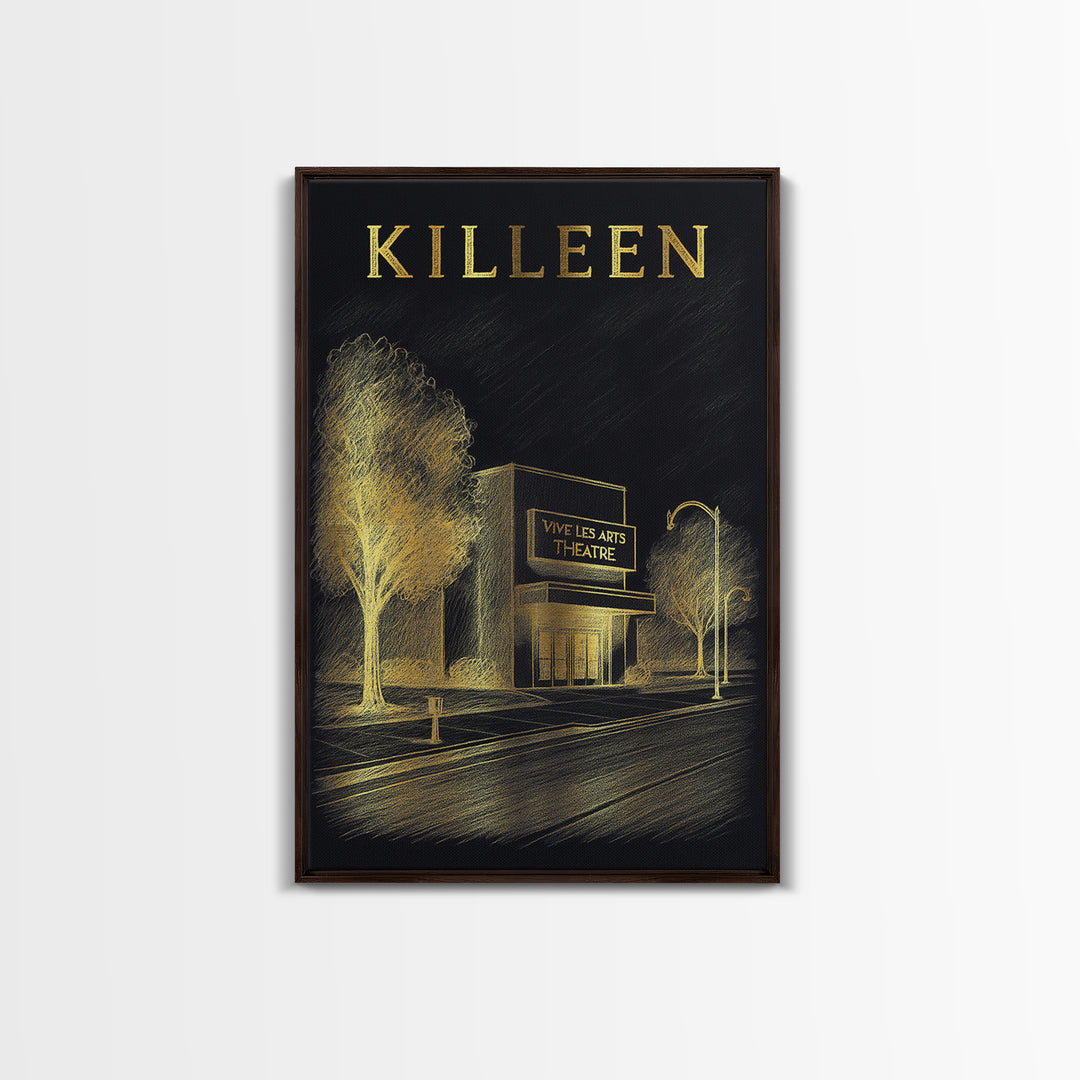 Killeen Texas Travel Poster, Canvas Print, Black And Gold Line Art, Killeen Travel Art, Vintage City Art, Gift For Travelers, Design 1