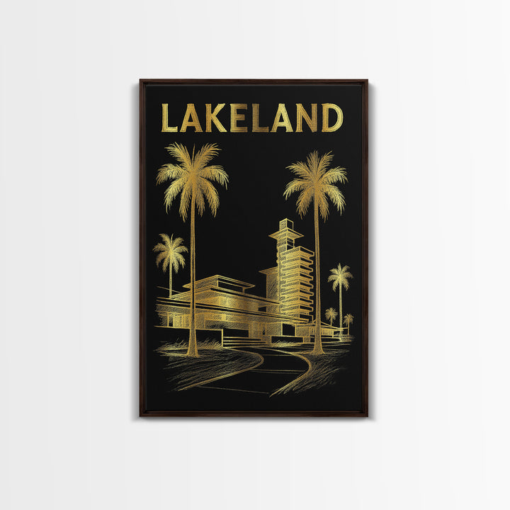 Lakeland Florida Travel Poster, Framed Canvas Print, Gold Sketch Wall Art, Lakeland Wall Art, Vintage Travel Print, Mid Century Wall Art