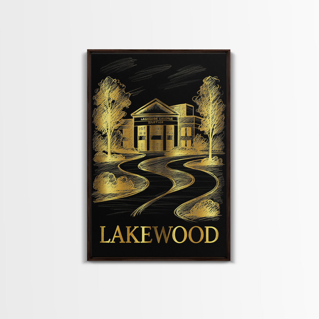 Lakewood Travel Poster, Framed Canvas Print, Elegant Gold City Art, Lakewood Wall Art, Travel Wall Decor, Travel Art Print, Poster Art