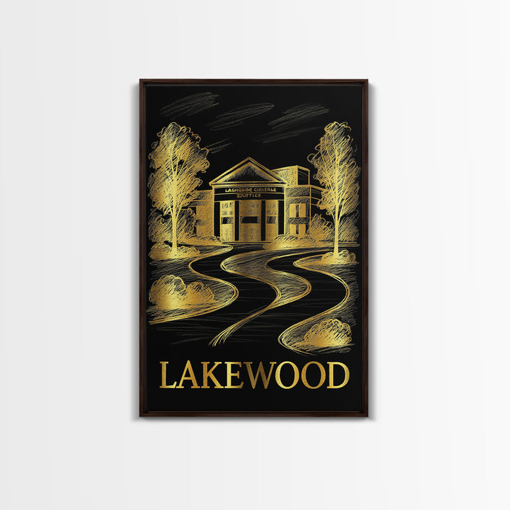 Lakewood Travel Poster, Framed Canvas Print, Elegant Gold City Art, Lakewood Wall Art, Travel Wall Decor, Travel Art Print, Poster Art