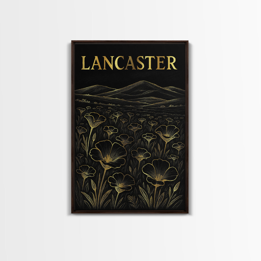 Lancaster California Travel Poster, Framed Canvas Print, Elegant Gold City Art, Lancaster City Art, Mid Century Wall Art, City Illustration