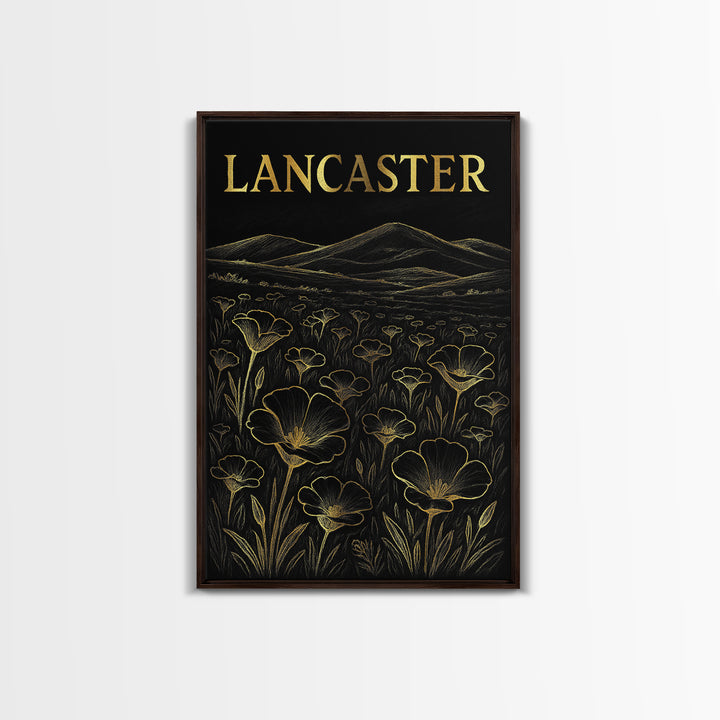 Lancaster California Travel Poster, Framed Canvas Print, Elegant Gold City Art, Lancaster City Art, Mid Century Wall Art, City Illustration