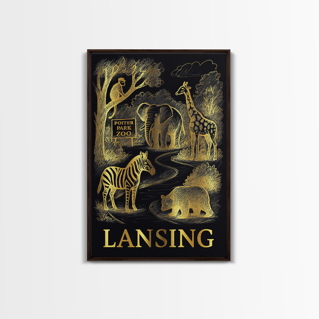 Lansing Travel Poster, Canvas Print, Gold Sketch Wall Art, Lansing Travel Art, Living Room Wall Art, Travel Wall Art, Retro Travel Print