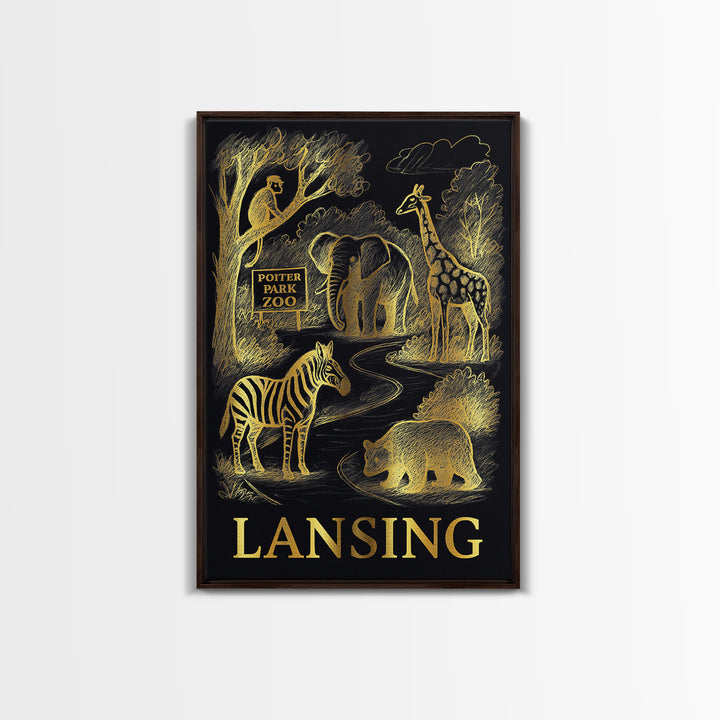Lansing Travel Poster, Canvas Print, Gold Sketch Wall Art, Lansing Travel Art, Living Room Wall Art, Travel Wall Art, Retro Travel Print