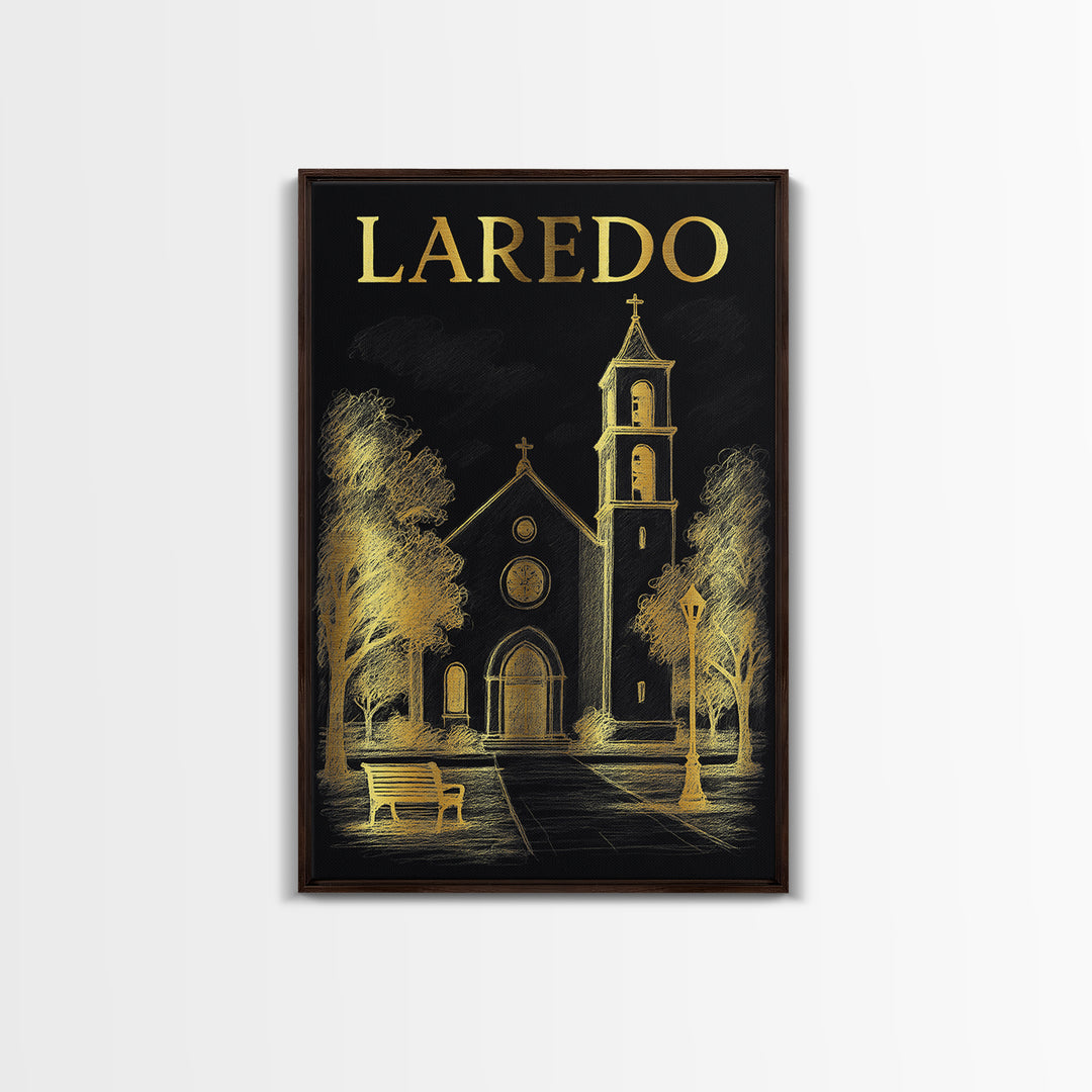 Laredo Texas Travel Poster, Canvas Print, Black And Gold Line Art, Laredo City Art, Watercolor Skyline Art, Fine Art Print, Travel Posters