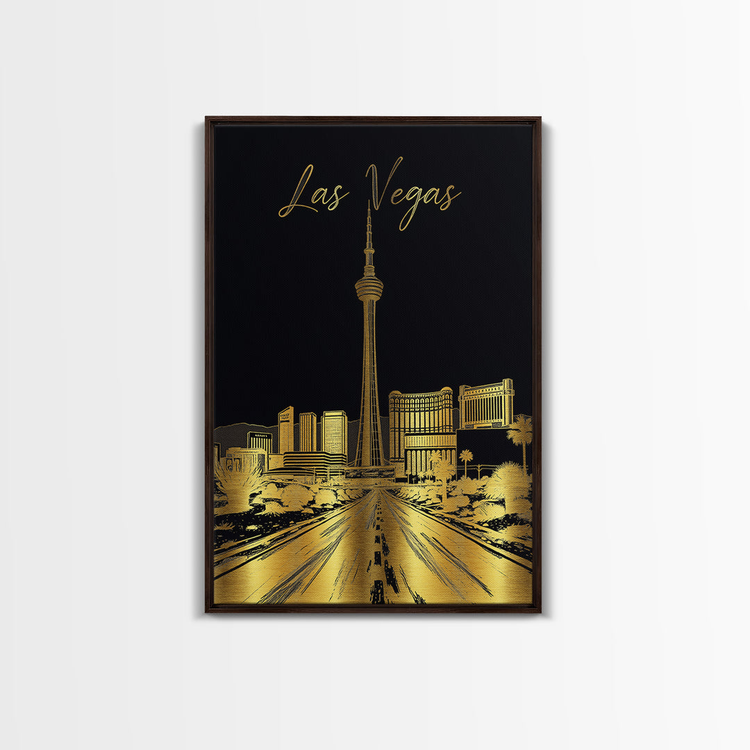 Las Vegas Travel Poster, Framed Canvas Print, Gold Sketch Wall Art, Las Vegas Art Print, Modern Wall Decor, Watercolor Cityscape