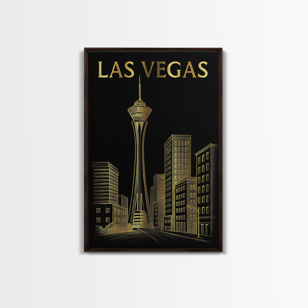 Las Vegas Travel Poster, Framed Canvas Print, Elegant Gold City Art, Las Vegas Travel Art, Gift For Travelers, Fine Art Print, Design 3