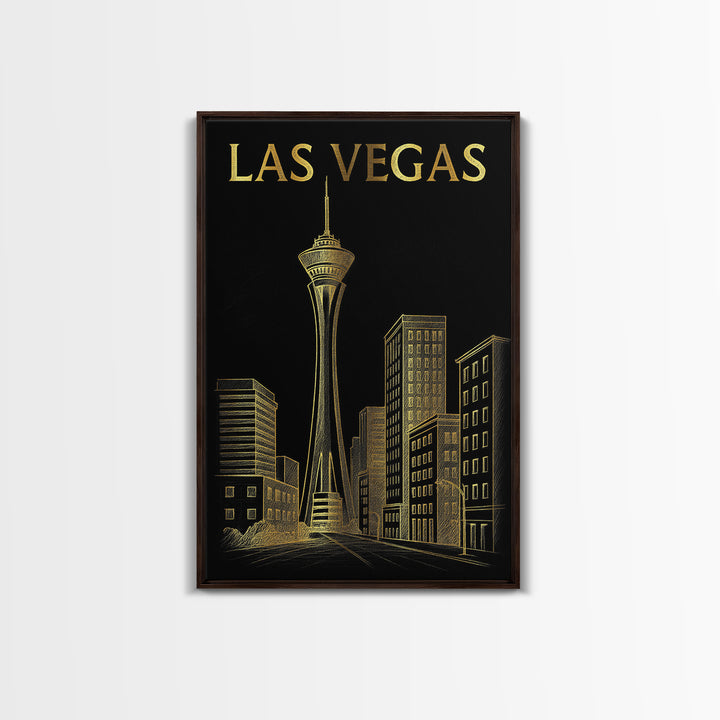 Las Vegas Travel Poster, Framed Canvas Print, Elegant Gold City Art, Las Vegas Travel Art, Gift For Travelers, Fine Art Print, Design 3