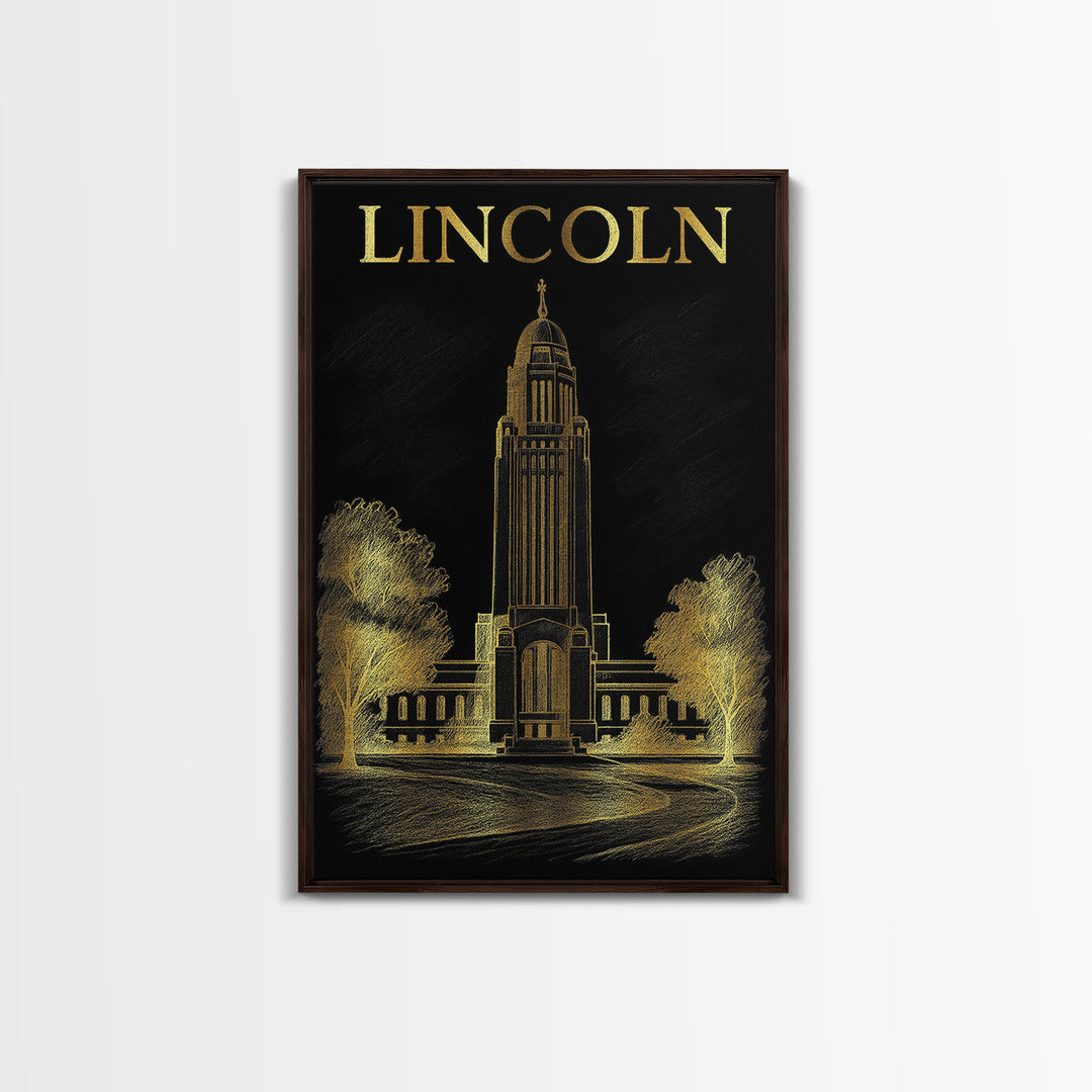 Lincoln Nebraska Travel Poster, Framed Canvas Print, Gold Sketch Wall Art, Lincoln Poster Print, Mid Century Wall Art, City Illustration