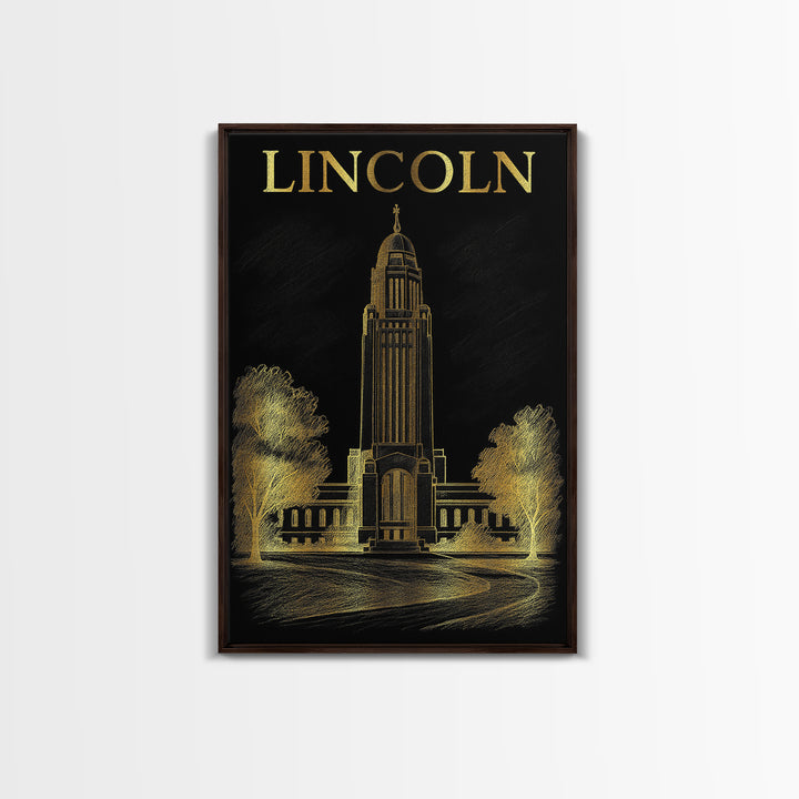 Lincoln Nebraska Travel Poster, Framed Canvas Print, Gold Sketch Wall Art, Lincoln Poster Print, Mid Century Wall Art, City Illustration