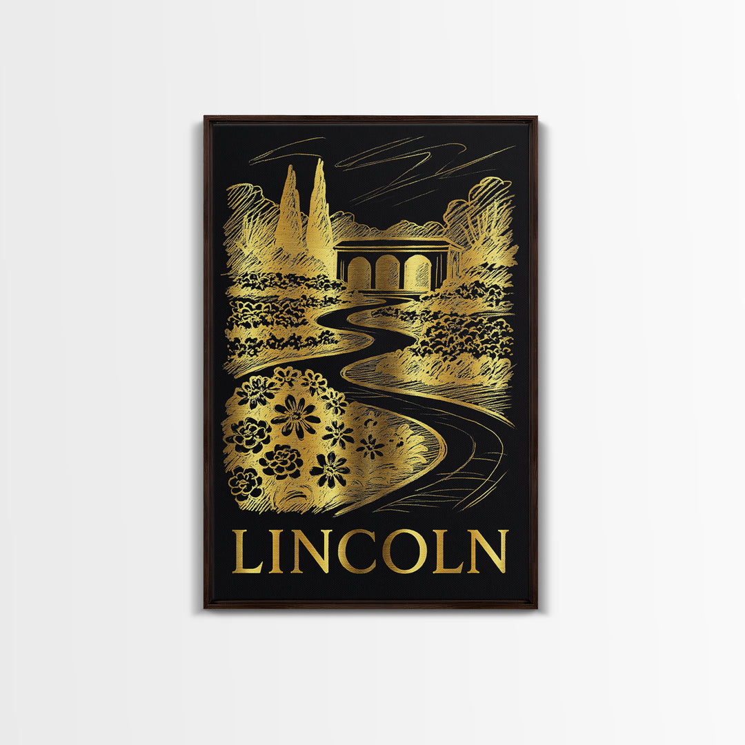 Lincoln Travel Poster, Canvas Print, Elegant Gold City Art, Lincoln City Art, Vintage City Poster, Gift For Travelers, Vintage City Art