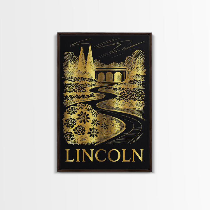 Lincoln Travel Poster, Canvas Print, Elegant Gold City Art, Lincoln City Art, Vintage City Poster, Gift For Travelers, Vintage City Art