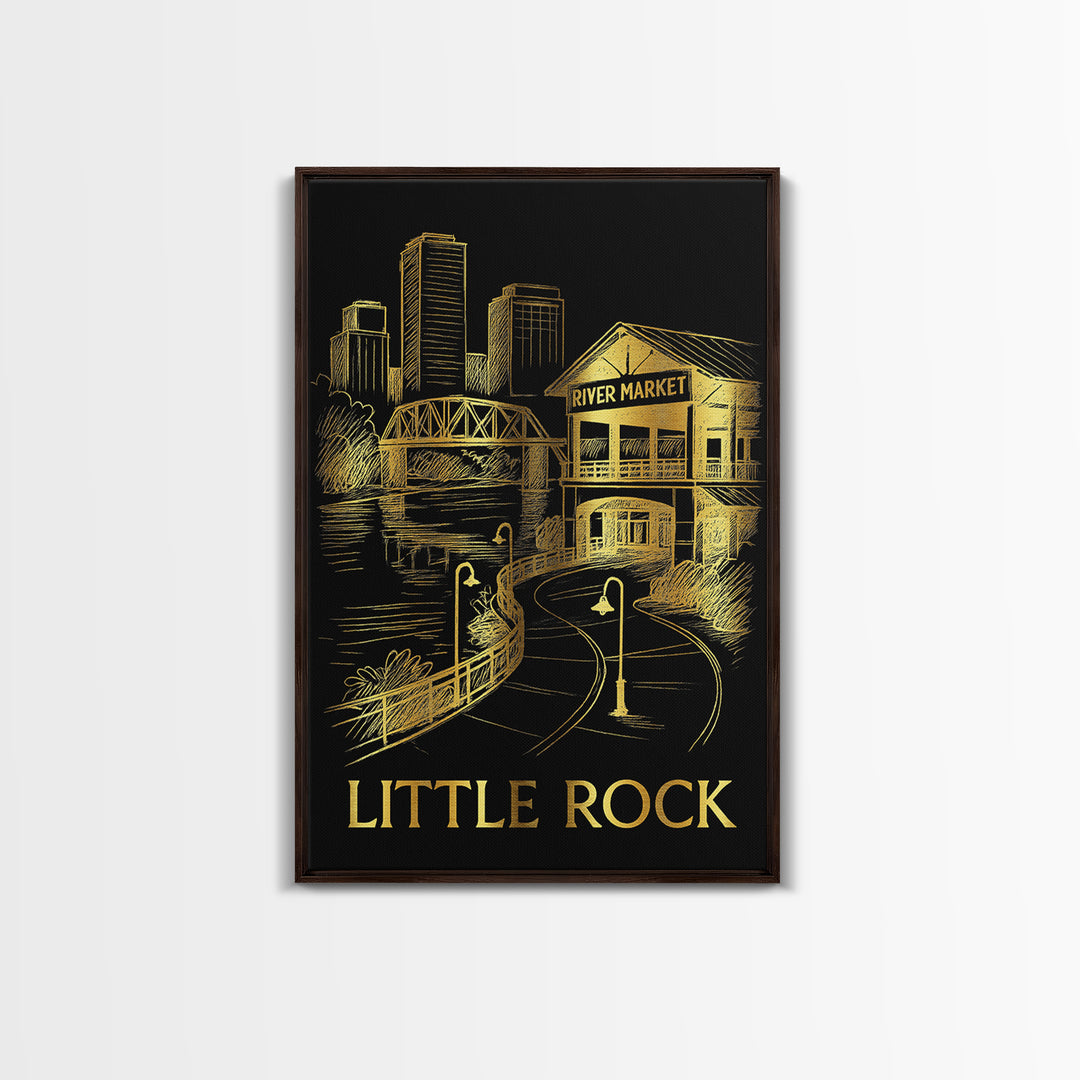 Little Rock Travel Poster, Framed Canvas Print, Gold Sketch Wall Art, Little Rock Wall Art, Retro Travel Print, Watercolor Skyline