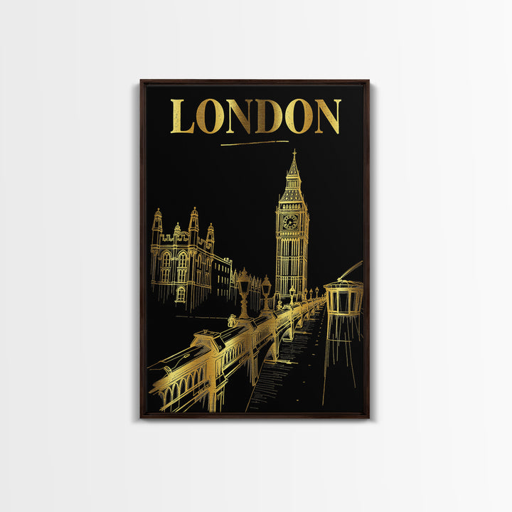 London Travel Poster, Framed Canvas Print, Gold Sketch Wall Art, London Poster Print, Living Room Wall Art, Vintage City Art, Poster Art