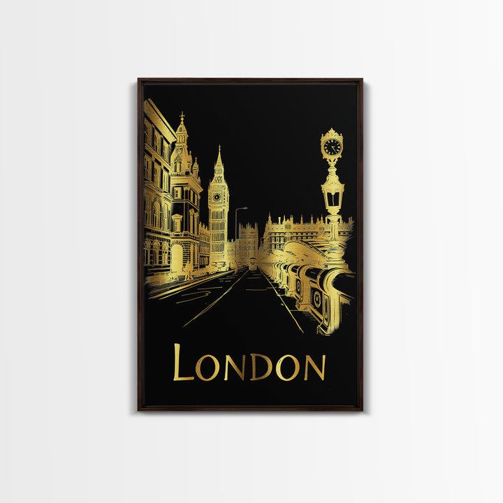 London Travel Poster, Framed Canvas Print, Elegant Gold City Art, London Travel Art, Eclectic Wall Decor, Retro Travel Print, Design 2