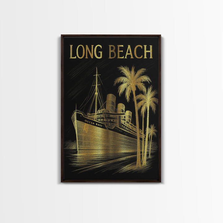 Long Beach California Travel Poster, Canvas Print, Elegant Gold City Art, Long Beach Wall Art, Skyline Art, City Art Print, Wanderlust Decor