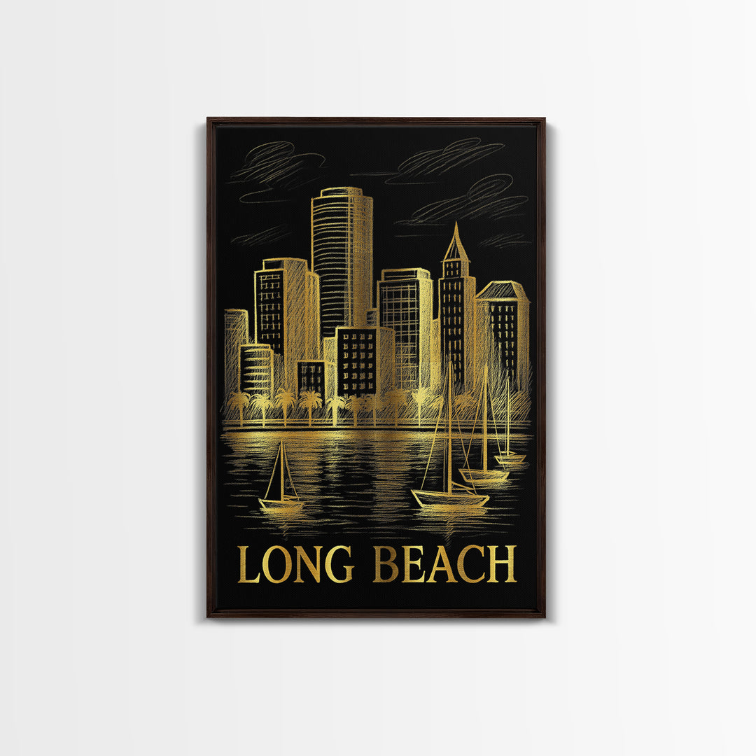 Long Beach Travel Poster, Canvas Print, Elegant Gold City Art, Long Beach Art Print, Watercolor Skyline, Retro Travel Print, Design 2
