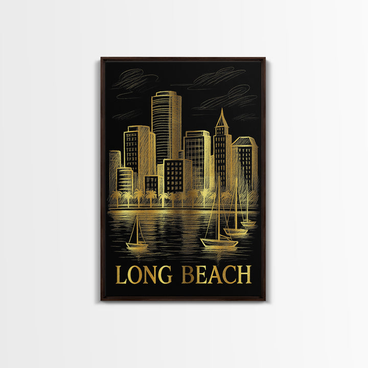 Long Beach Travel Poster, Canvas Print, Elegant Gold City Art, Long Beach Art Print, Watercolor Skyline, Retro Travel Print, Design 2
