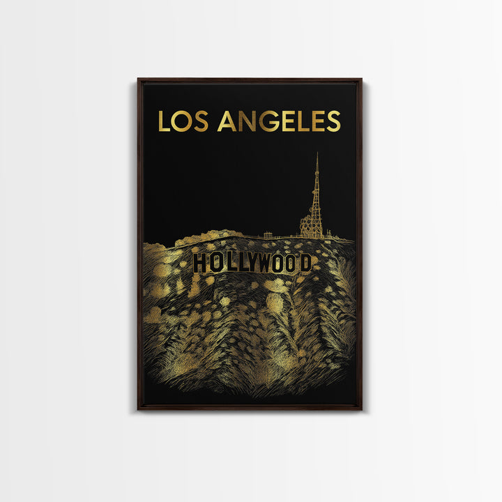 Los Angeles Travel Poster, Canvas Print, Black And Gold Line Art, Los Angeles Poster Print, Mid Century Wall Art, Travel Art Print