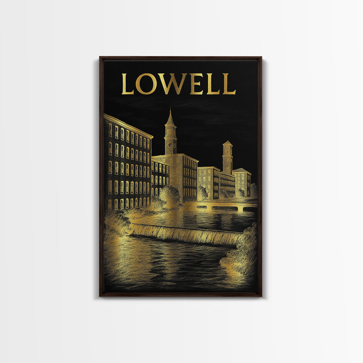 Lowell Massachusetts Travel Poster, Canvas Print, Dark Background Poster Art, Lowell City Art, City Poster, Art Print, Retro Travel Print