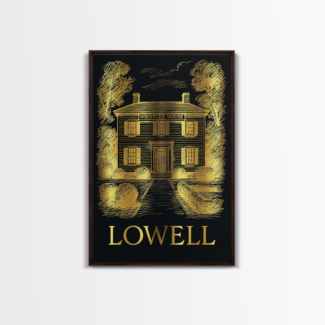 Lowell Travel Poster, Canvas Print, Black And Gold Line Art, Lowell City Art, Travel Wall Art, Eclectic Wall Decor, Gift For Travelers