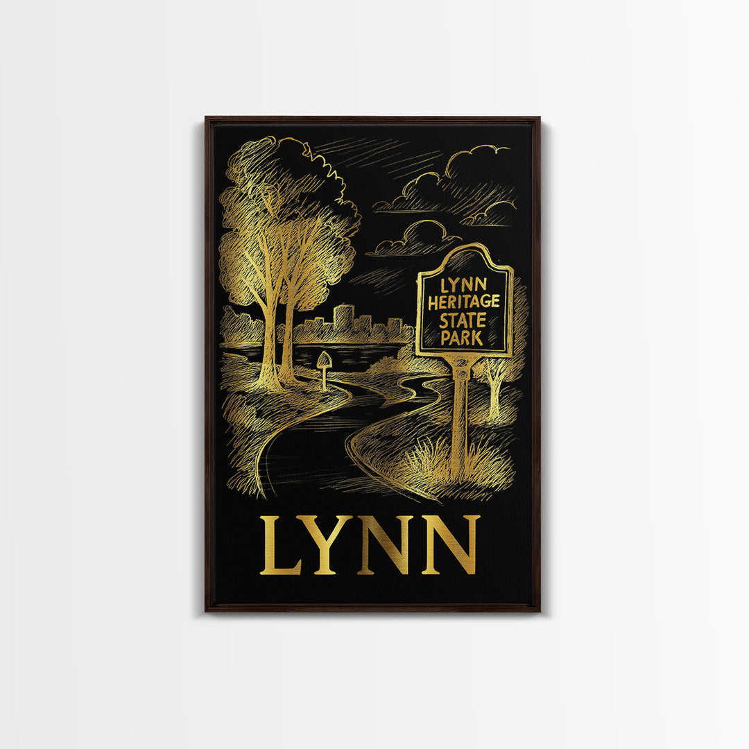 Lynn Travel Poster, Framed Canvas Print, Elegant Gold City Art, Lynn Wall Art, Living Room Wall Art, Home Office Decor, Travel Wall Decor