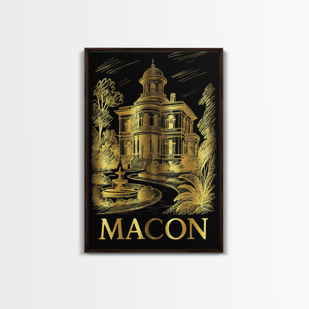 Macon Travel Poster, Framed Canvas Print, Black And Gold Line Art, Macon Wall Art, Travel Poster Art, Living Room Wall Art, City Art Print
