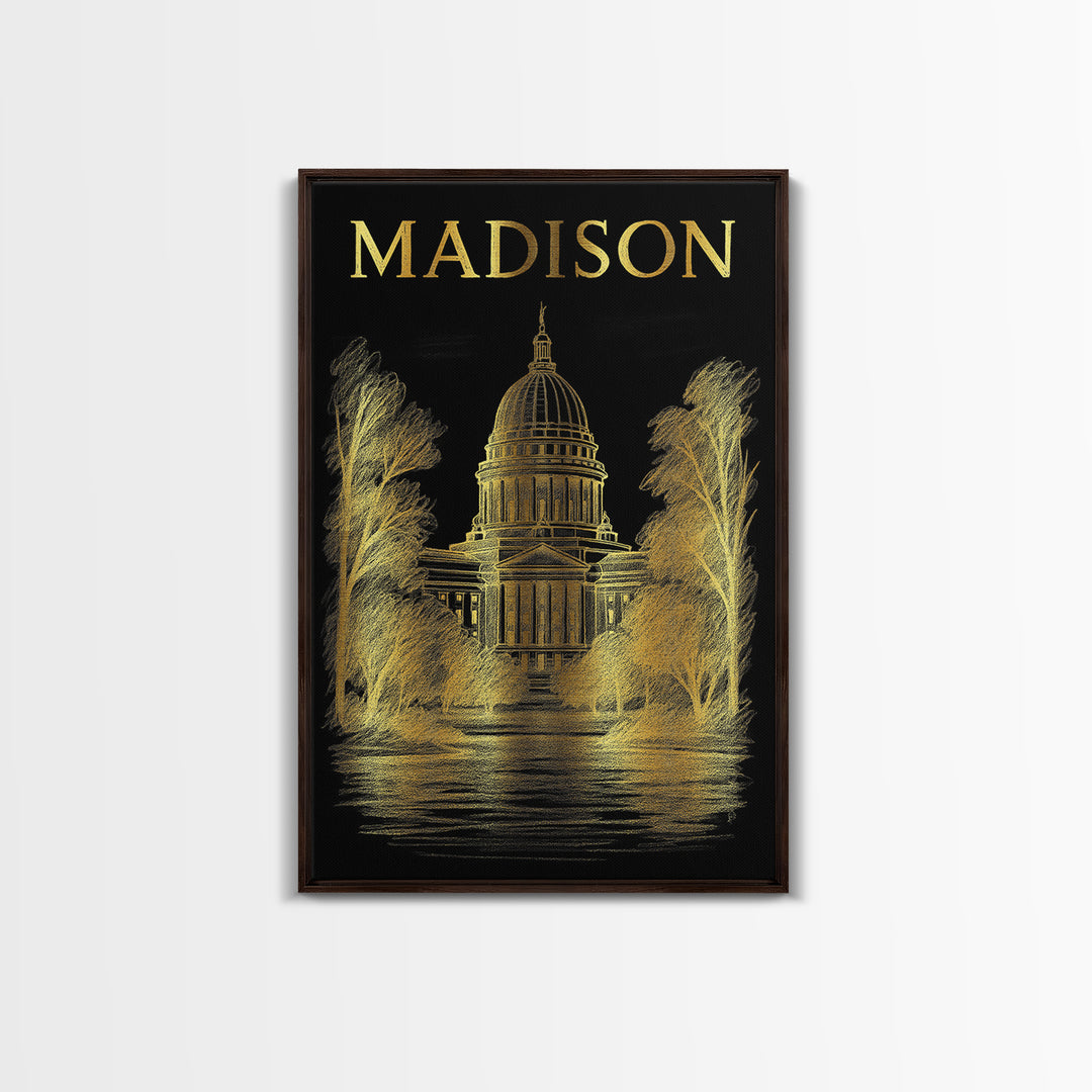 Madison Wisconsin Travel Poster, Canvas Print, Elegant Gold City Art, Madison City Art, Travel Art Print, City Art Print, Retro Travel Print